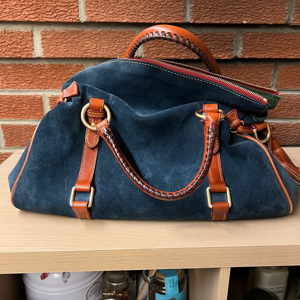 Dooney & Bourke Navy Suede Bag with Tan Leather - Picture 4 of 16